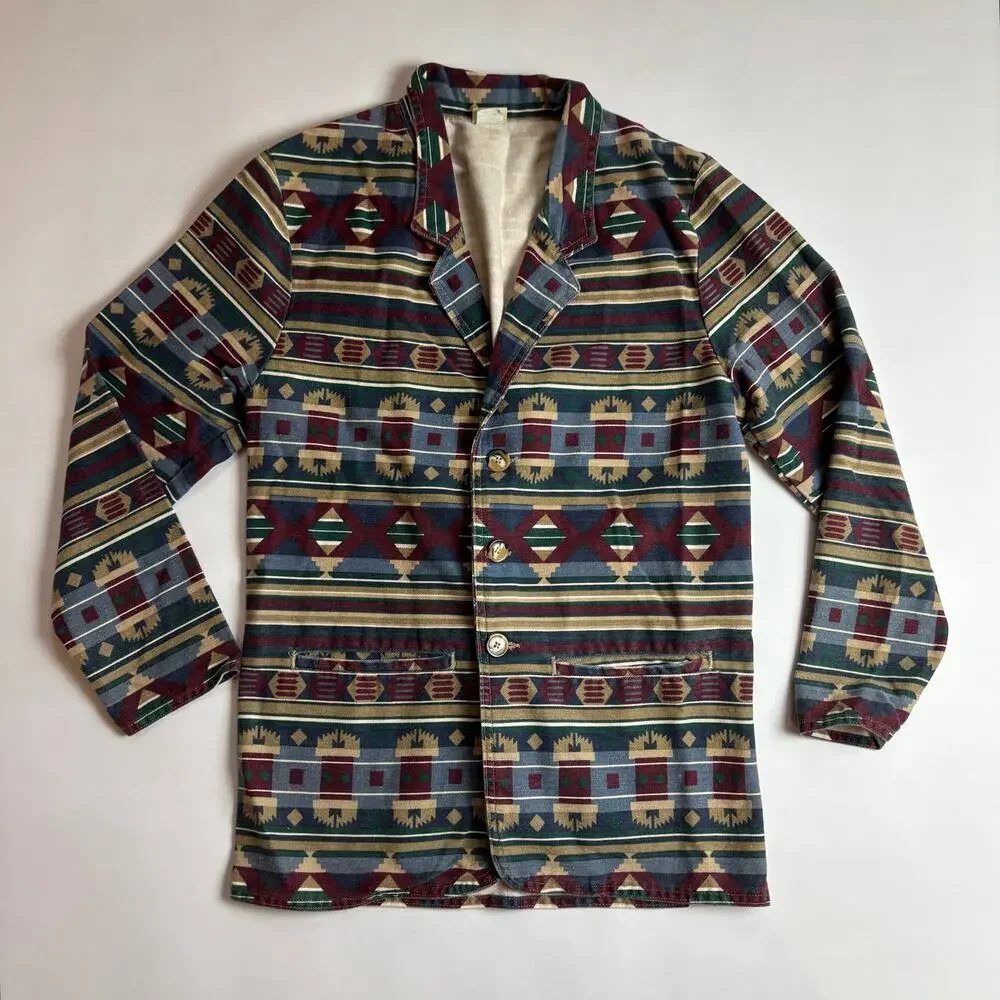 Vintage 90s Cotton Denim Jacket Aztec Tribal Southwestern Boho Jean USA Vivaldi
